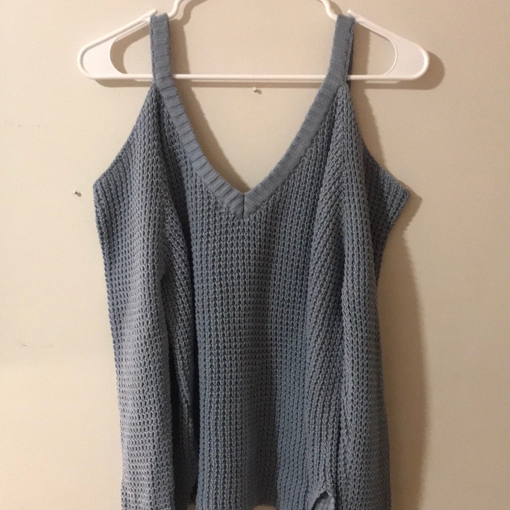 Blue shoulder cut out sweater